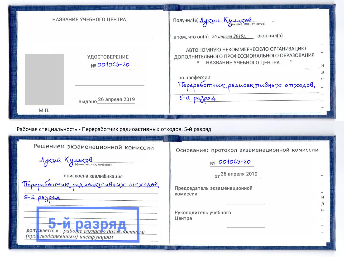 корочка 5-й разряд Переработчик радиоактивных отходов Благовещенск