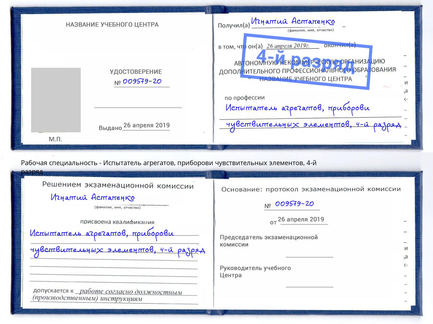 корочка 4-й разряд Испытатель агрегатов, приборови чувствительных элементов Благовещенск