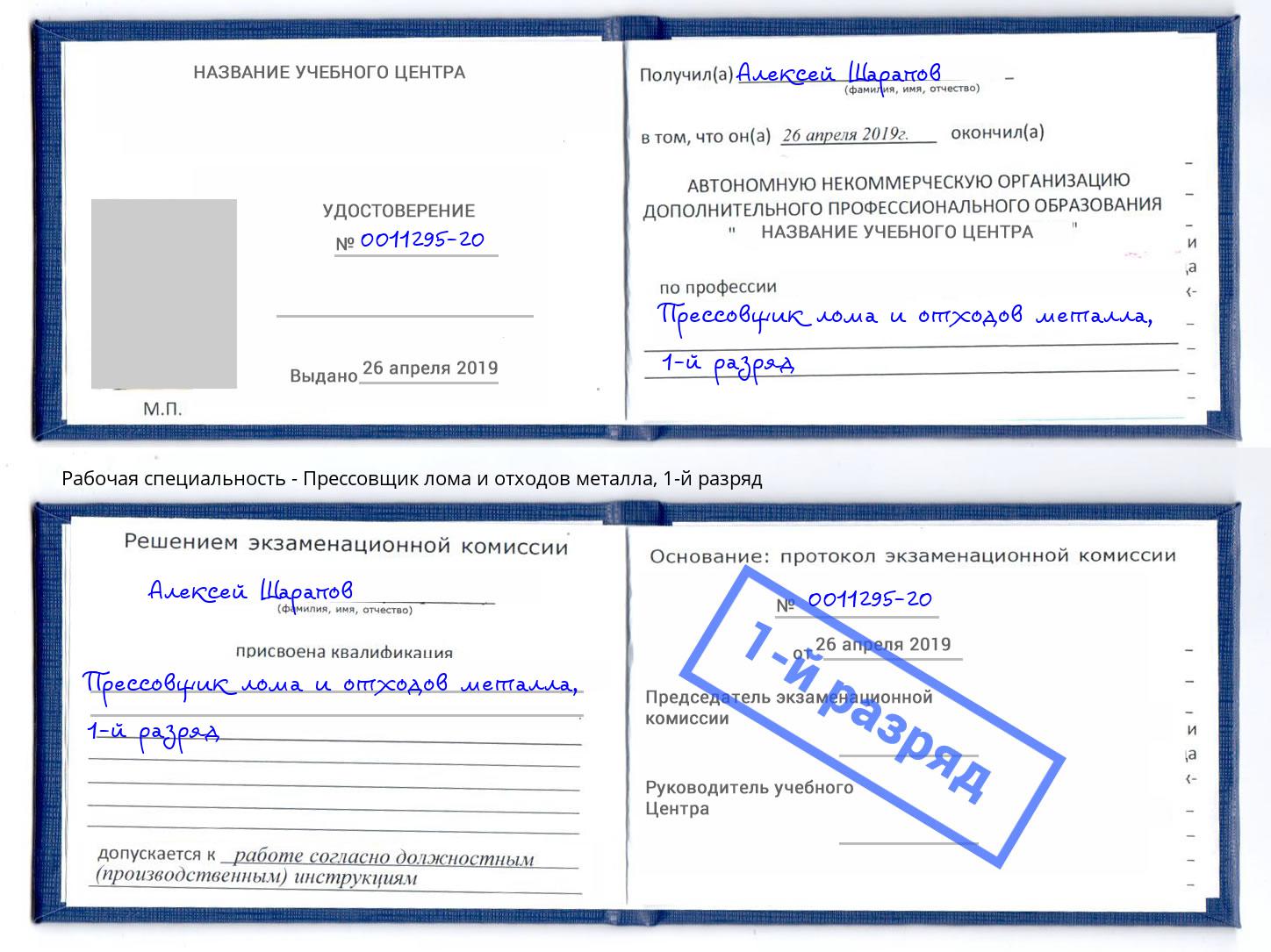 корочка 1-й разряд Прессовщик лома и отходов металла Благовещенск