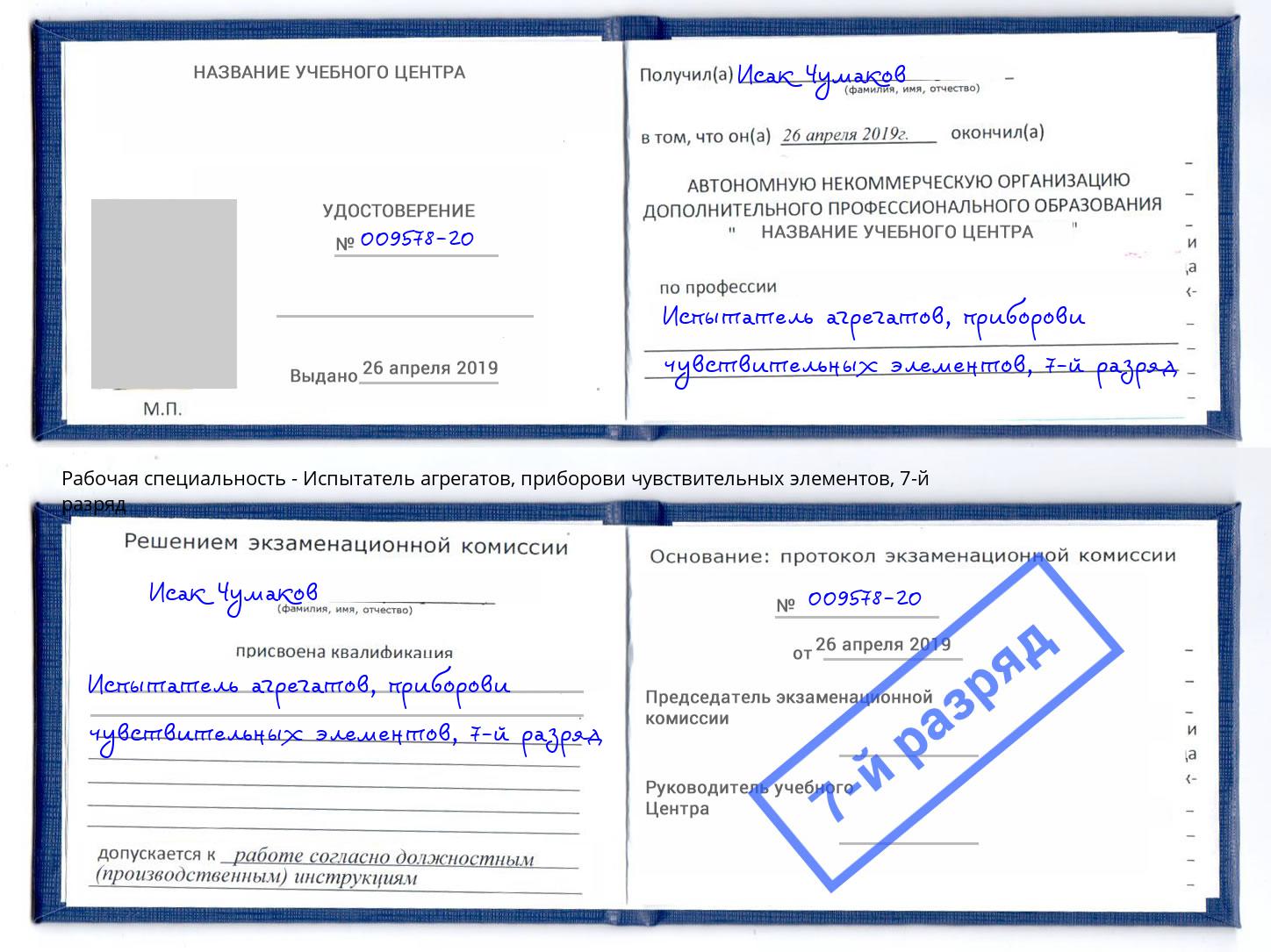 корочка 7-й разряд Испытатель агрегатов, приборови чувствительных элементов Благовещенск