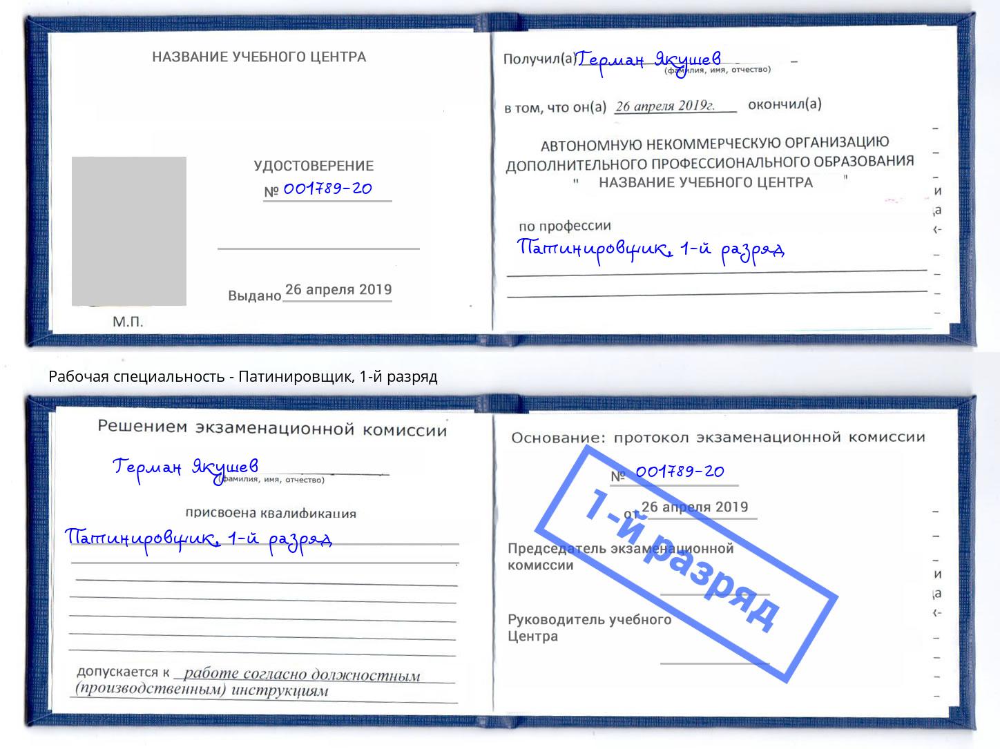 корочка 1-й разряд Патинировщик Благовещенск